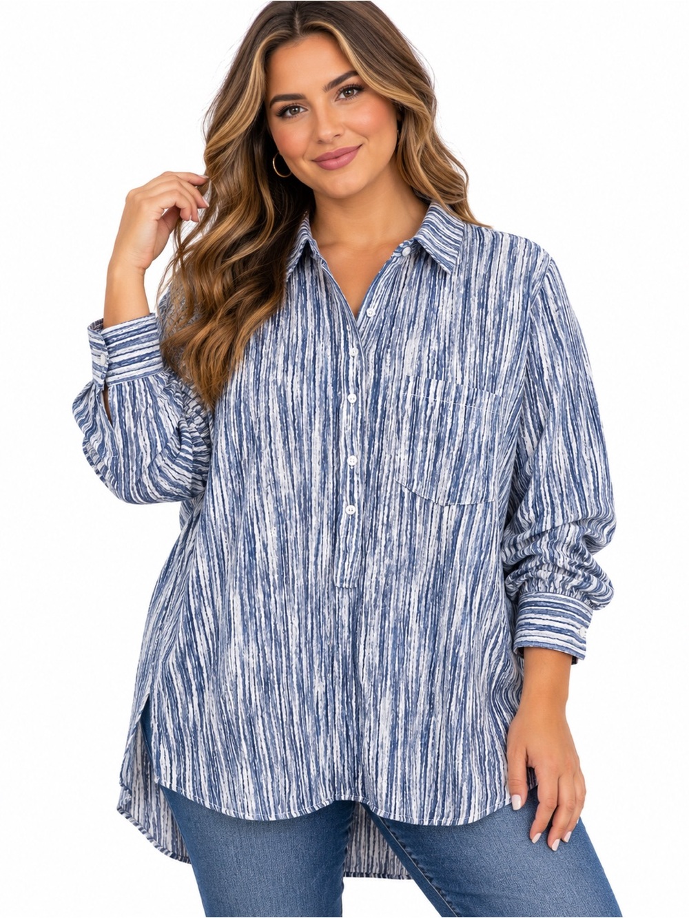 Nanette Lepore Blue White Striped Tunic Button Down Shirt L Coastal